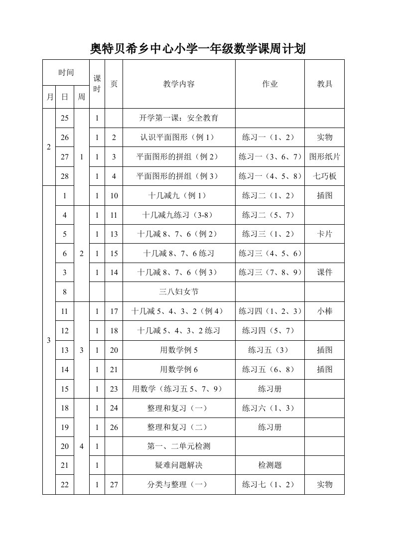 一年级数下册学进度表