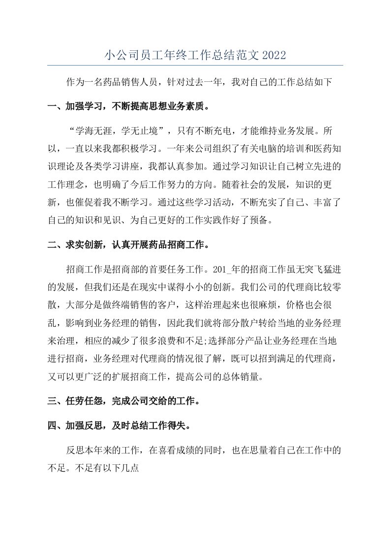 小公司员工年终工作总结范文2022