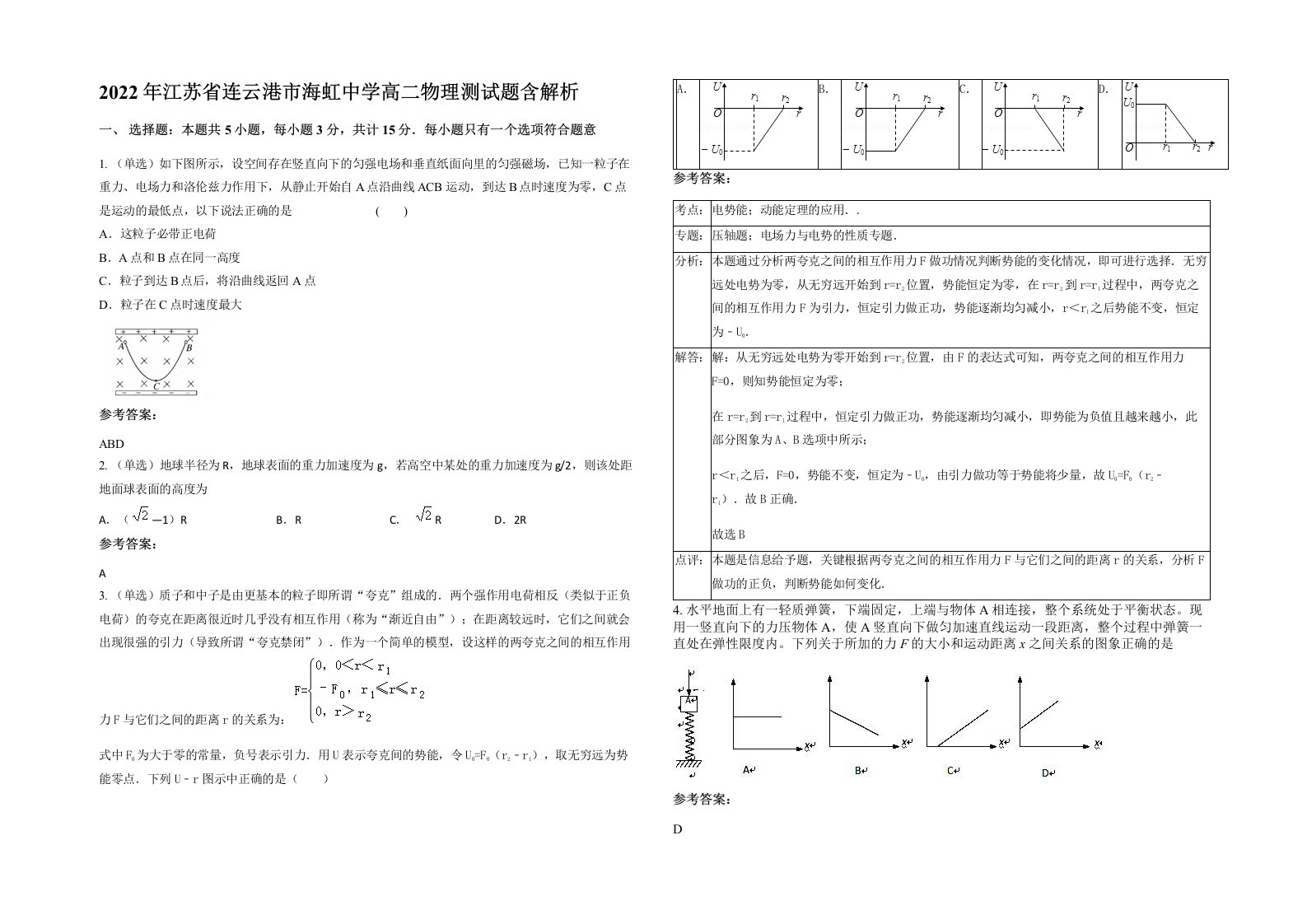 2022年江苏省连云港市海虹中学高二物理测试题含解析