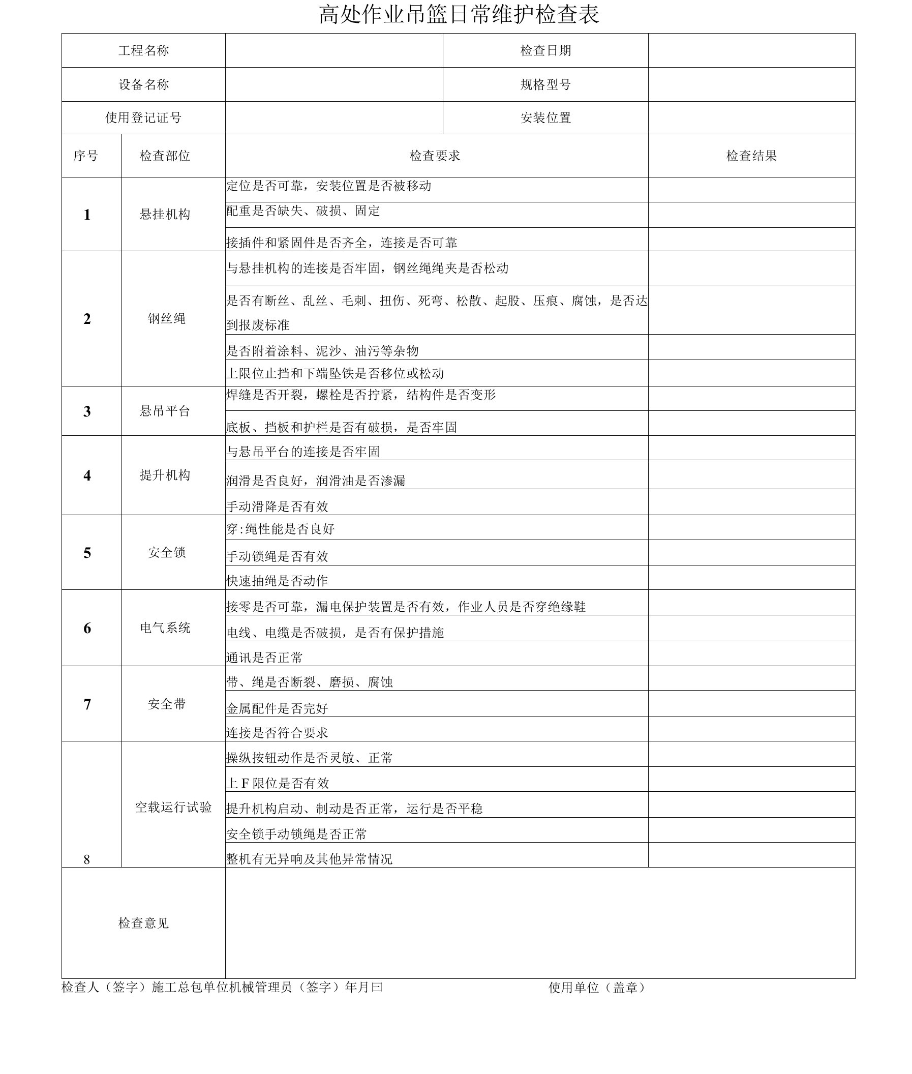 高处作业吊篮日常维护检查表