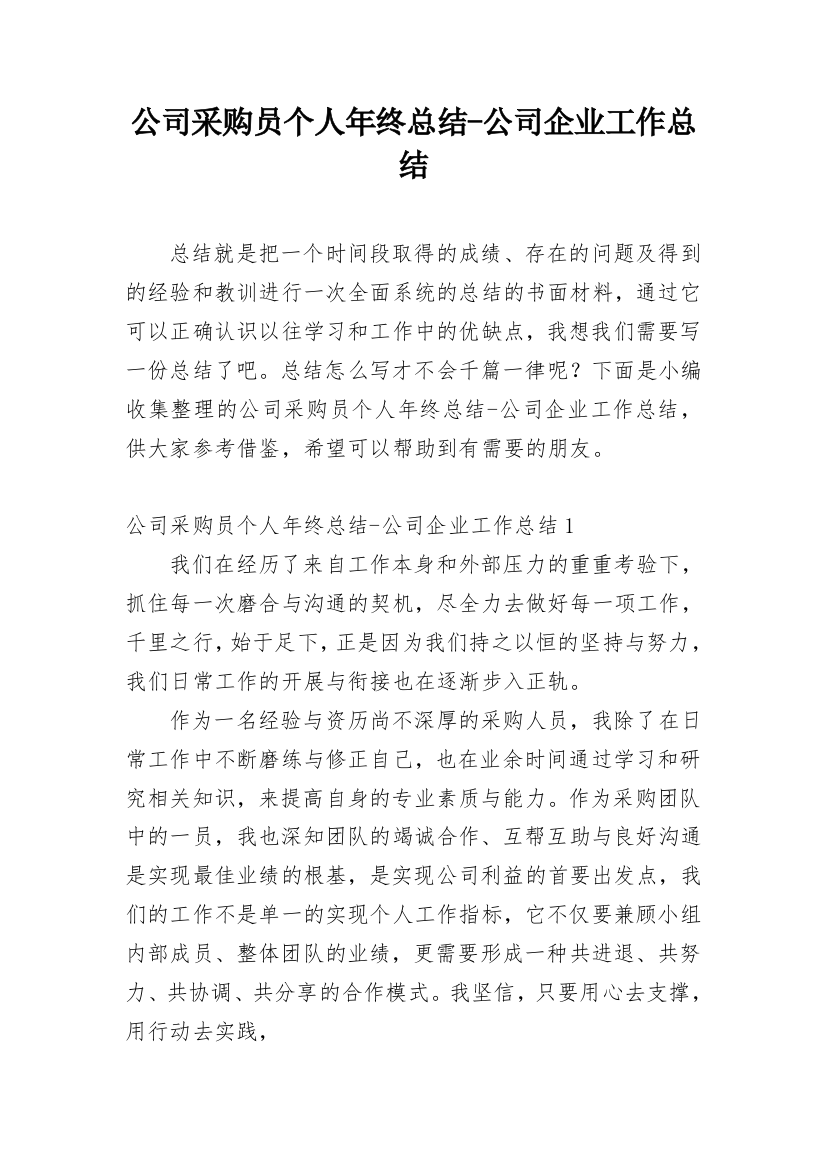 公司采购员个人年终总结-公司企业工作总结