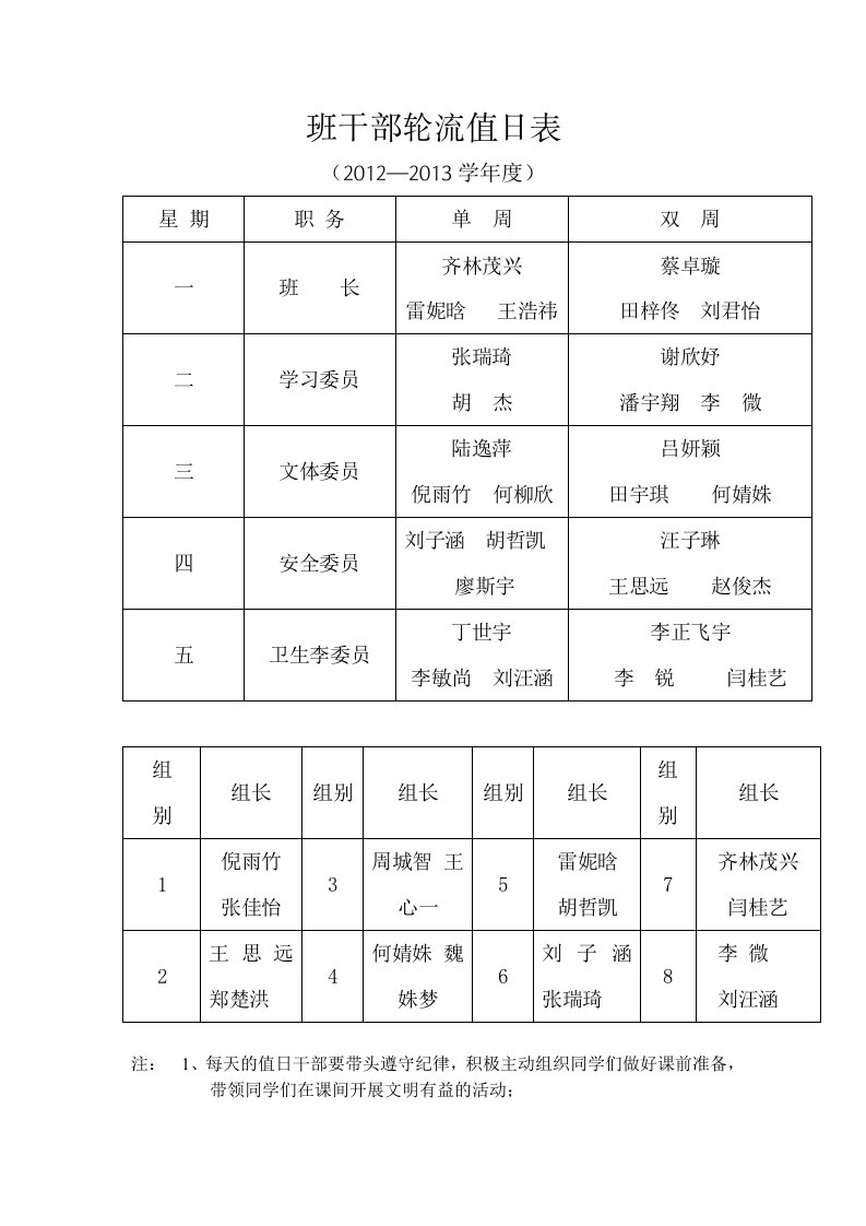 班干部轮流值日表