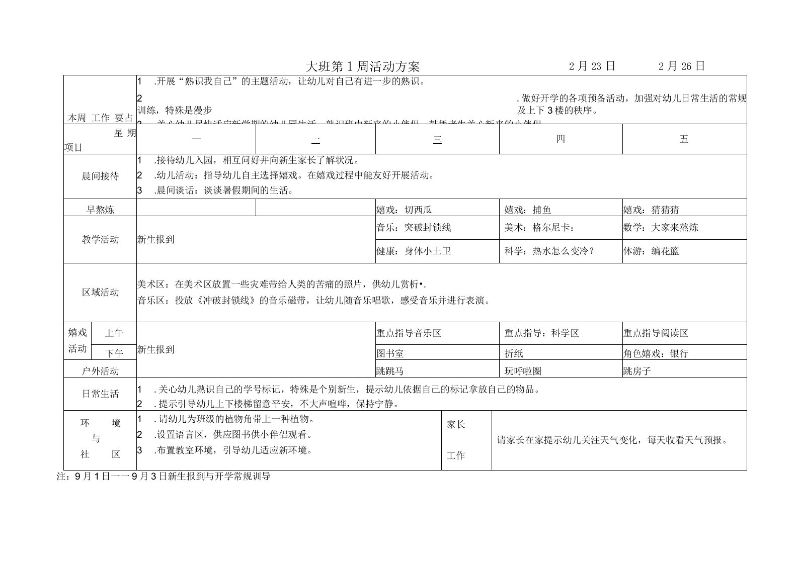 幼儿园大班周计划表超级详细