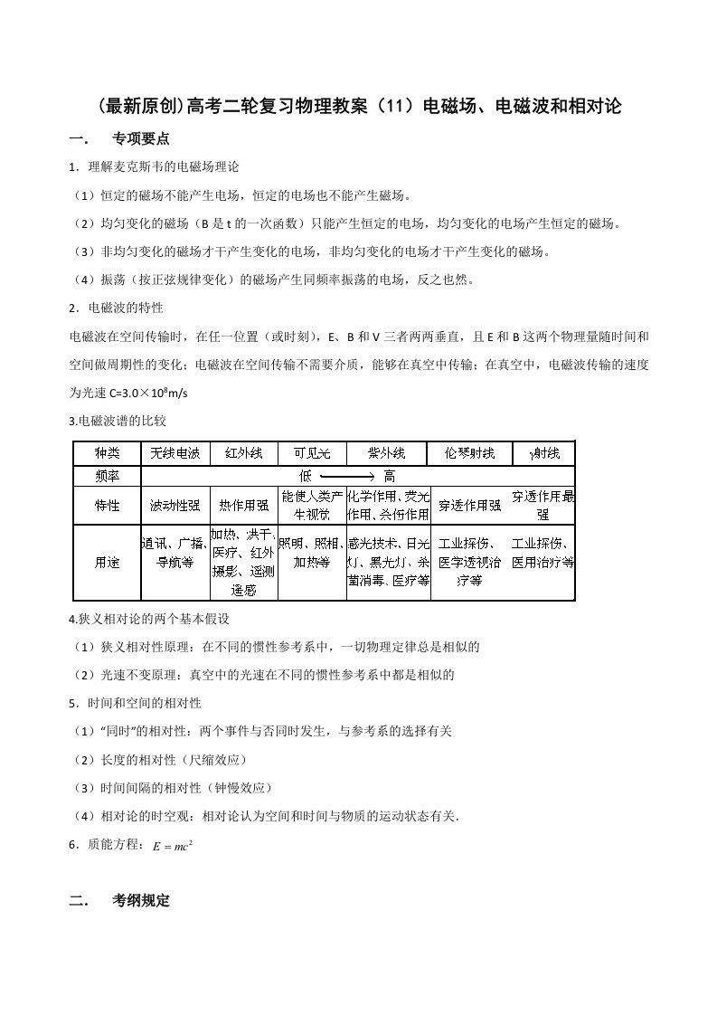 最新高考二轮复习物理教案1电磁场电磁波和相对论