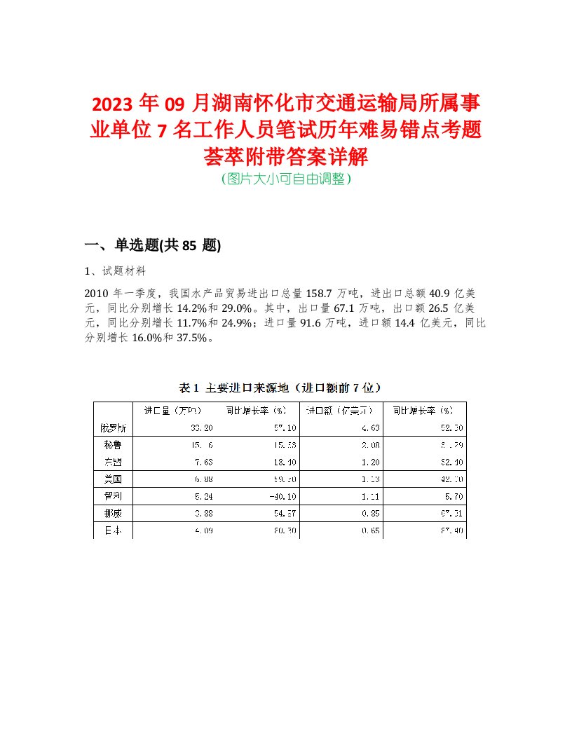 2023年09月湖南怀化市交通运输局所属事业单位7名工作人员笔试历年难易错点考题荟萃附带答案详解