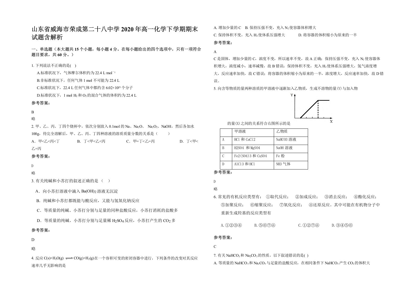 山东省威海市荣成第二十八中学2020年高一化学下学期期末试题含解析