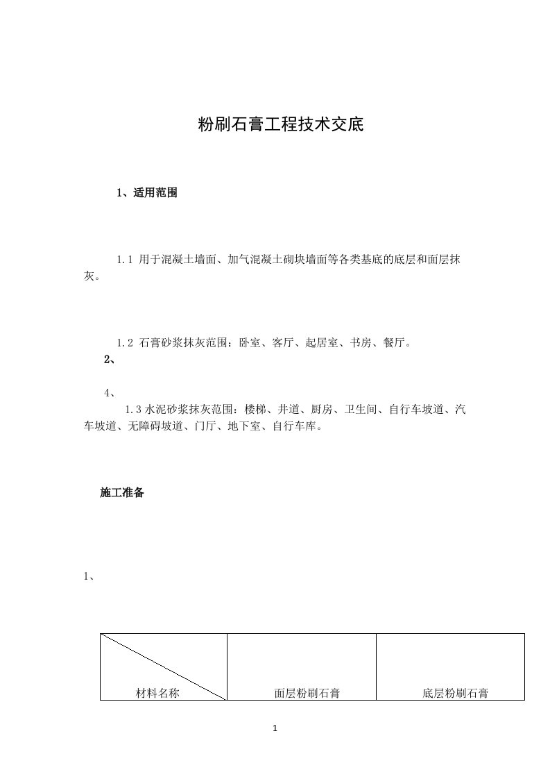 粉刷石膏抹灰施工技术交底