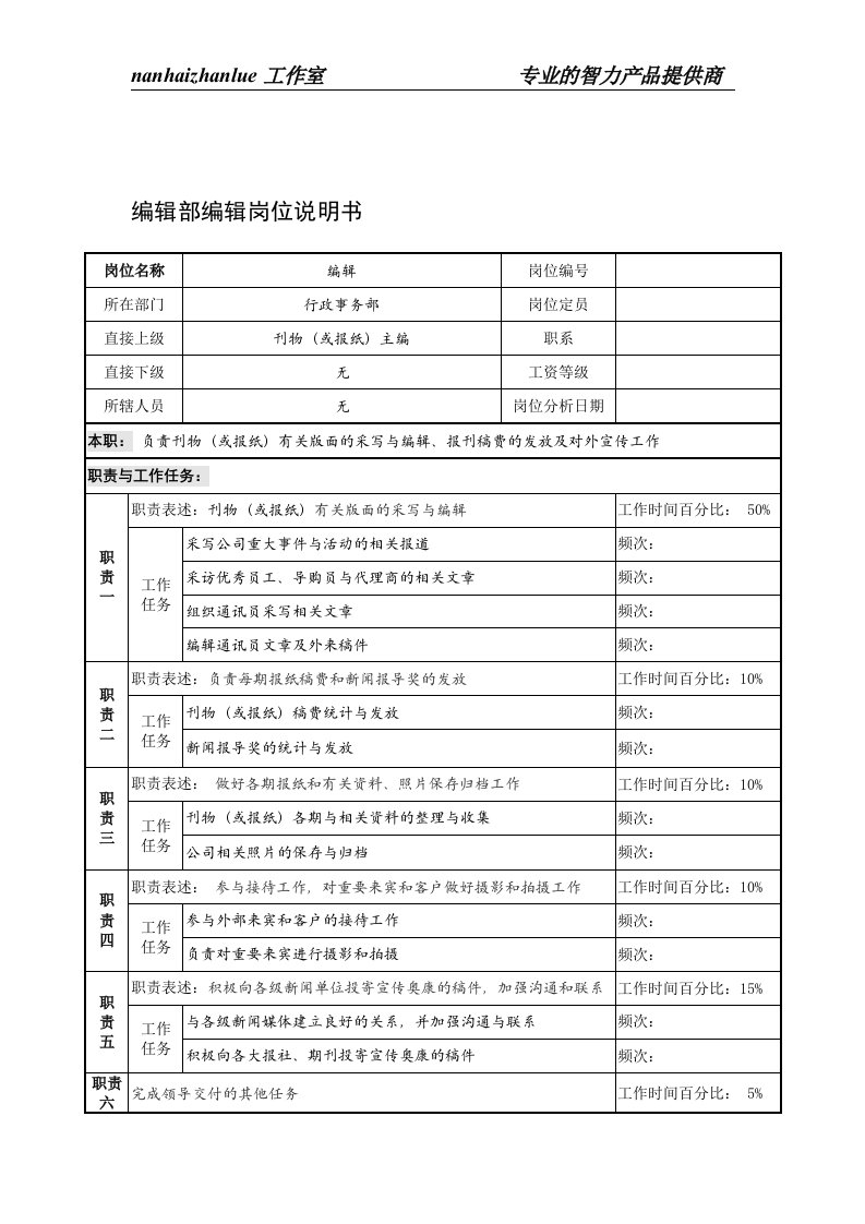 制鞋企业编辑部编辑岗位说明书