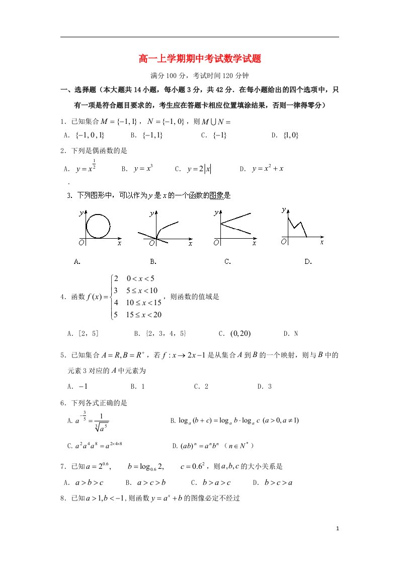 浙江省临海市杜桥中学高一数学上学期期中试题（无答案）新人教A版