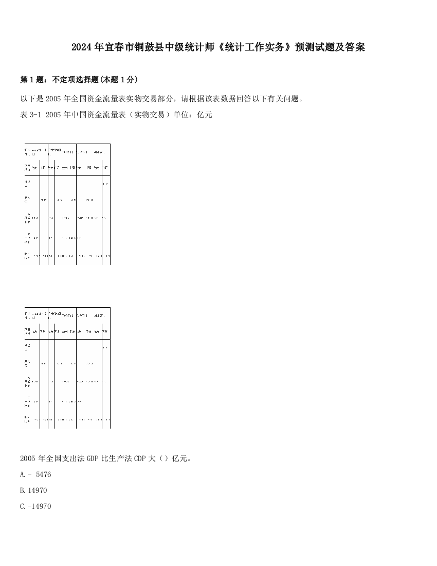 2024年宜春市铜鼓县中级统计师《统计工作实务》预测试题及答案