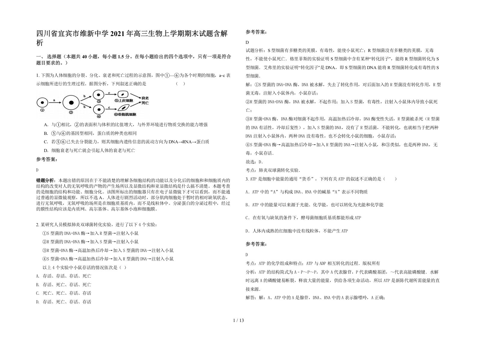 四川省宜宾市维新中学2021年高三生物上学期期末试题含解析