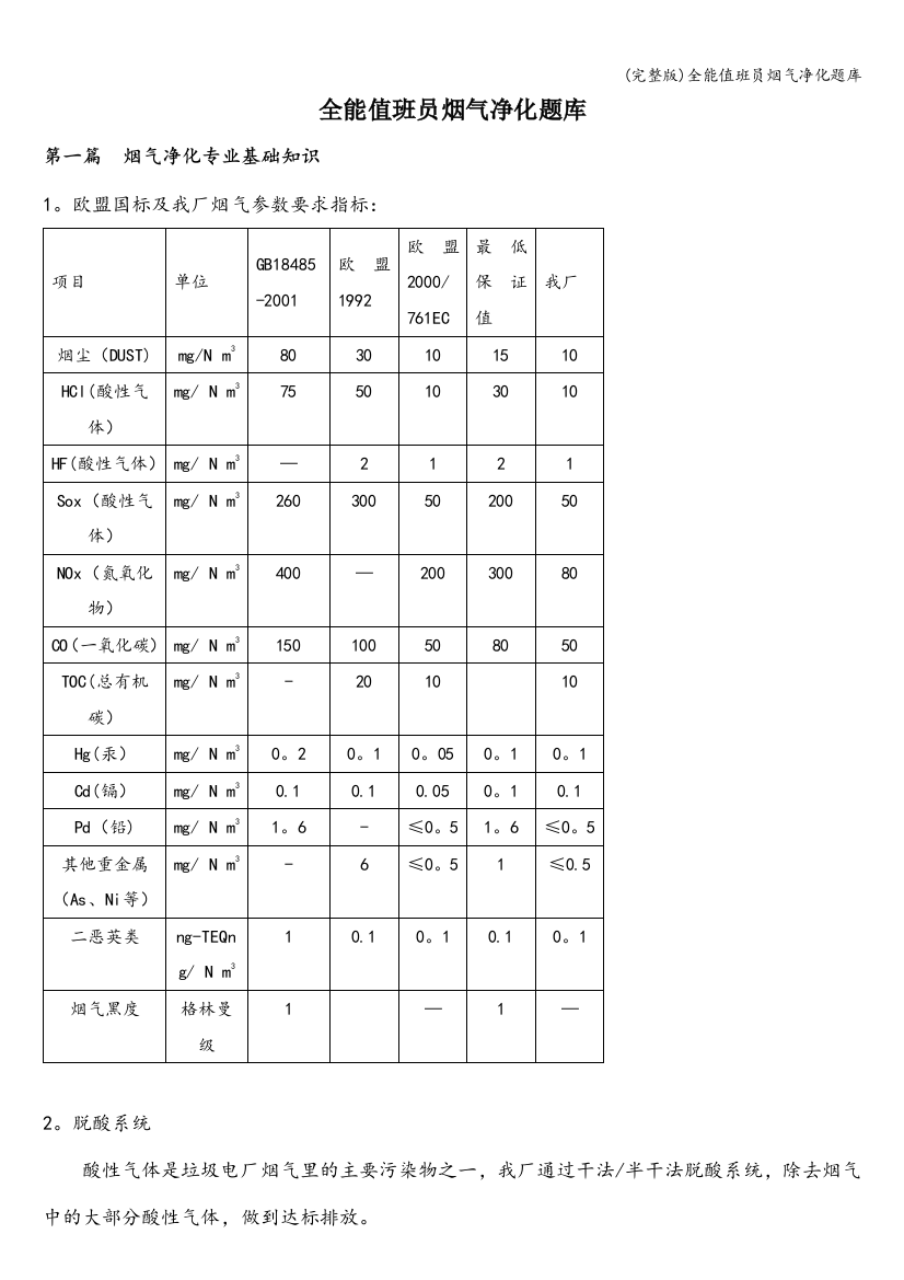 (完整版)全能值班员烟气净化题库