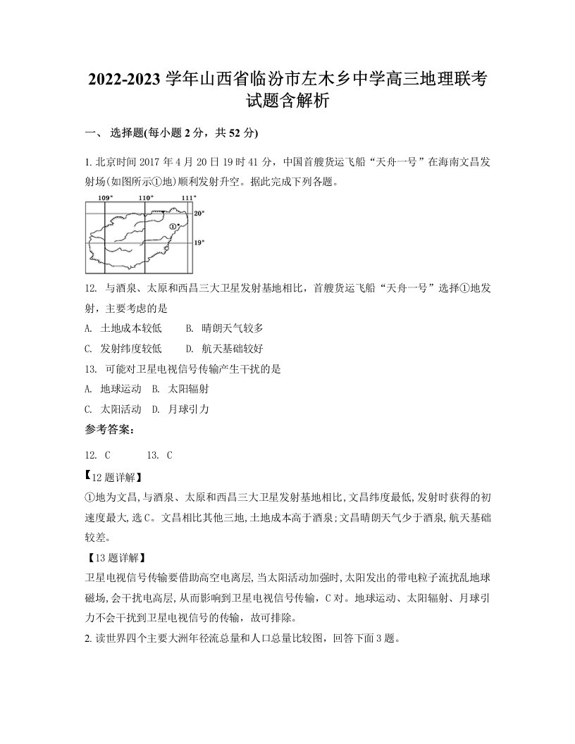 2022-2023学年山西省临汾市左木乡中学高三地理联考试题含解析