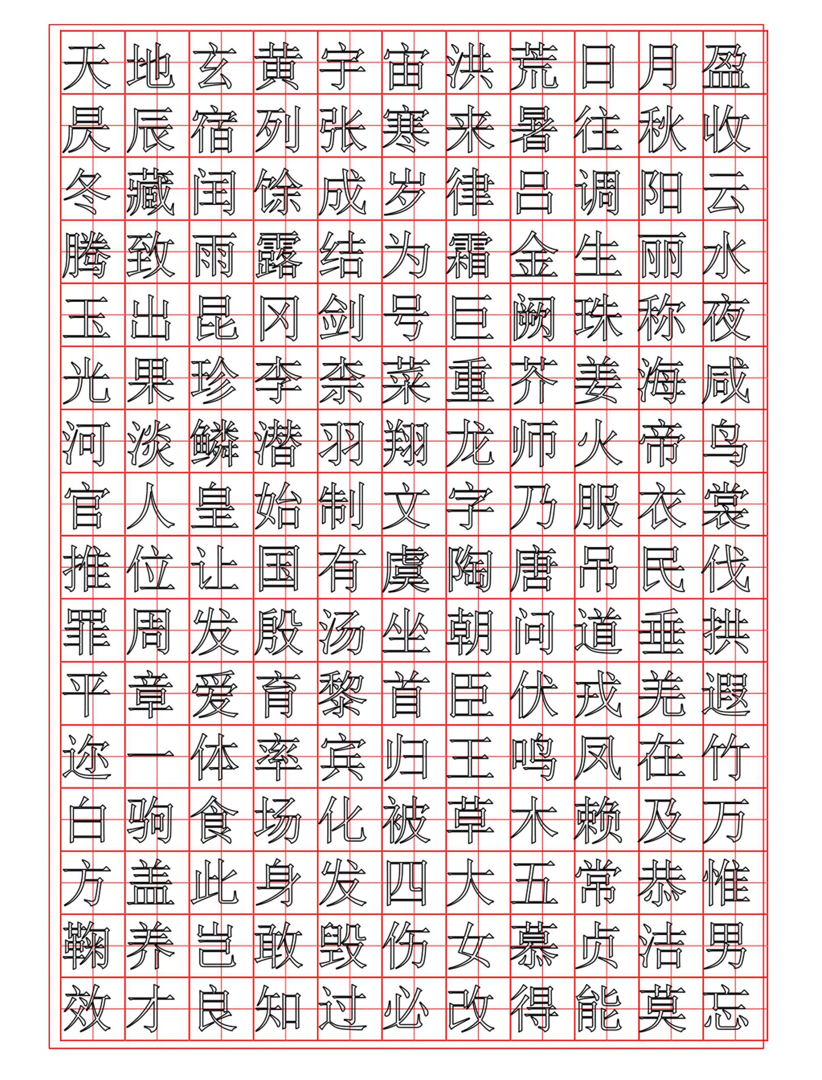 《千字文》方正红空心字田字格字帖【硬笔楷书简体描】