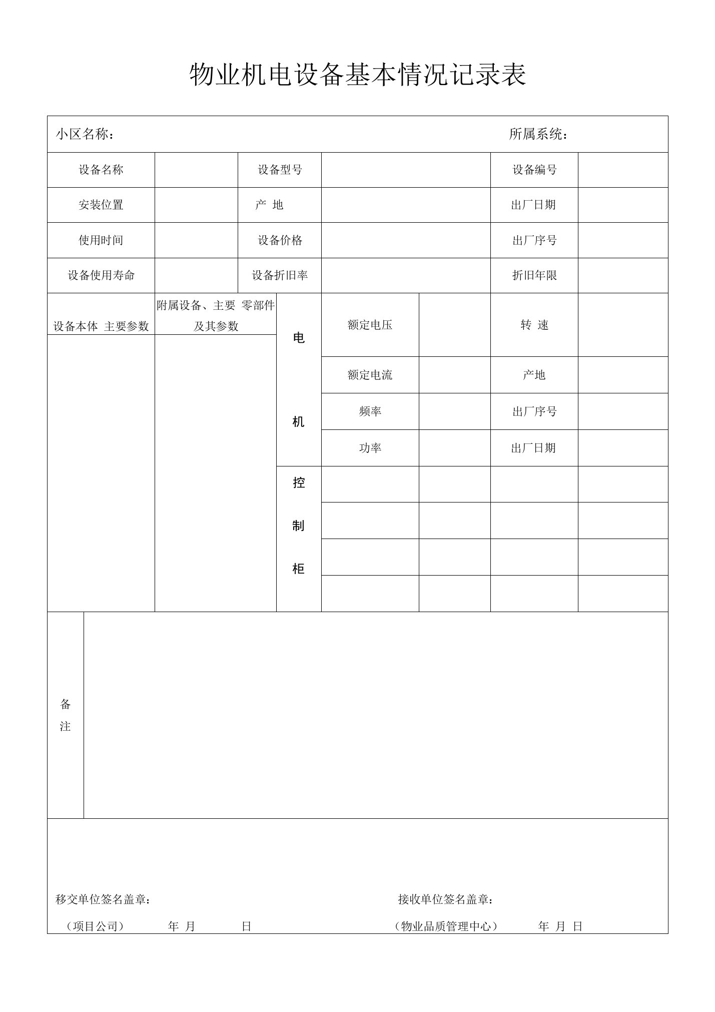 物业机电设备基本情况记录表