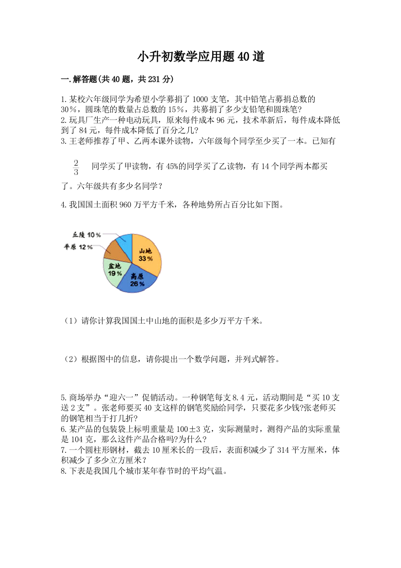 小升初数学应用题40道附完整答案(全国通用)