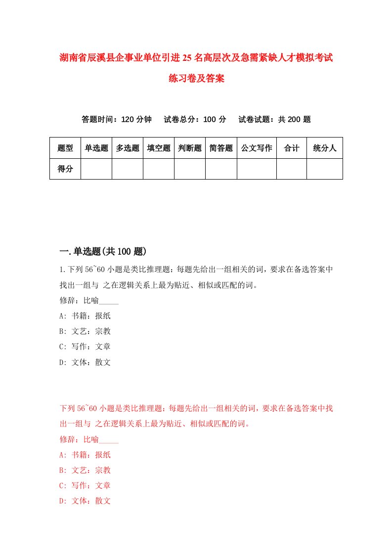 湖南省辰溪县企事业单位引进25名高层次及急需紧缺人才模拟考试练习卷及答案第2期