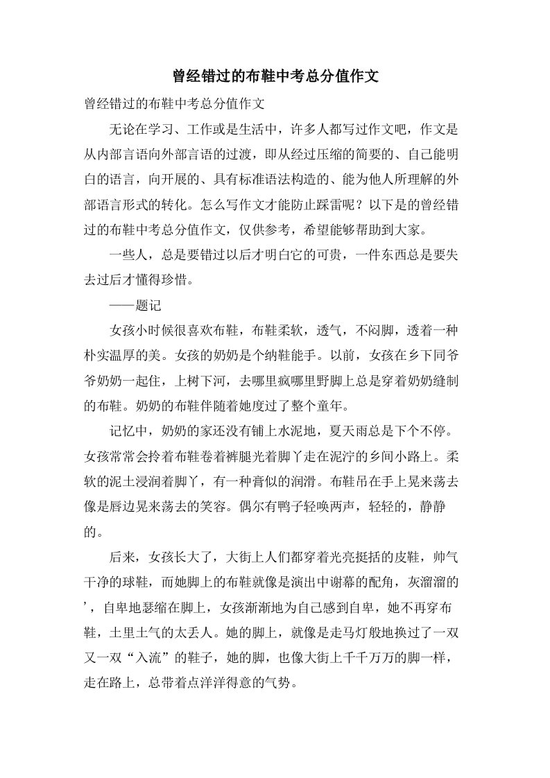 曾经错过的布鞋中考作文