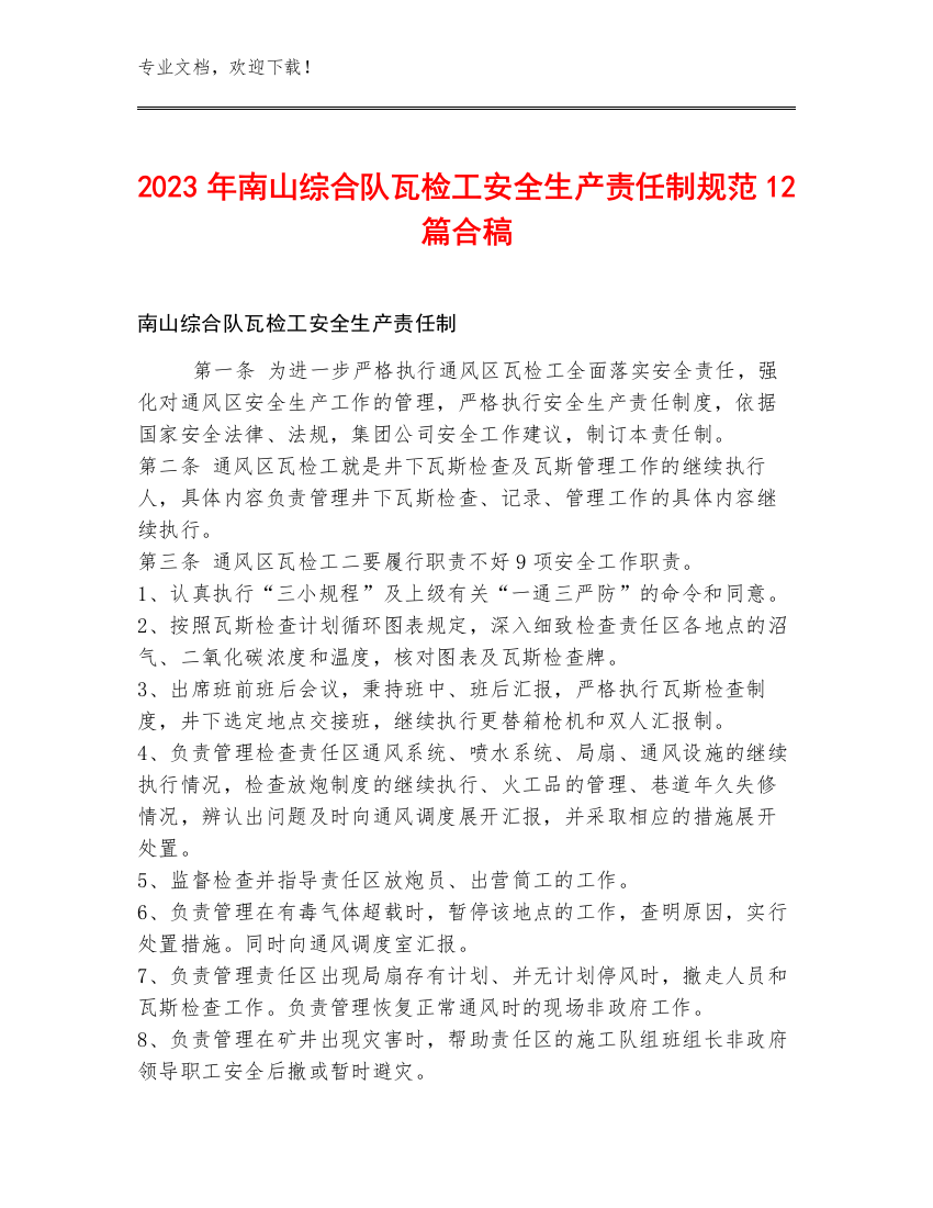 2023年南山综合队瓦检工安全生产责任制规范12篇合稿