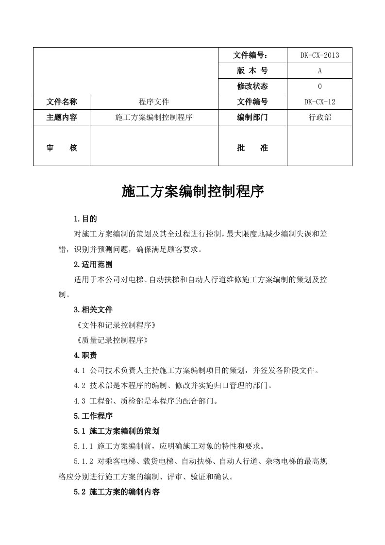 施工方案编制控制程序