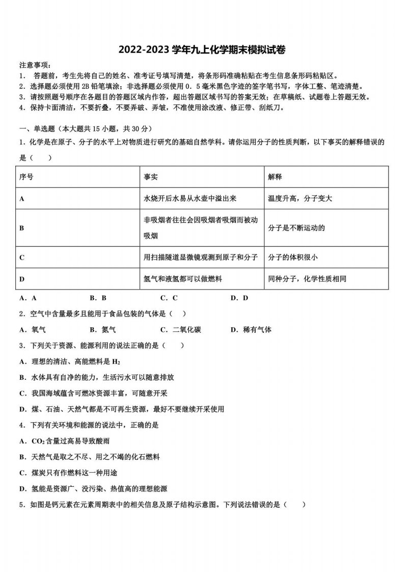 2023届山东省菏泽市曹县化学九年级上册期末达标检测模拟试题含解析