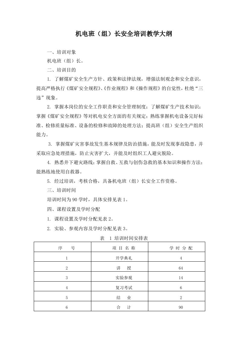 机电班组长安全培训教学大纲已编辑