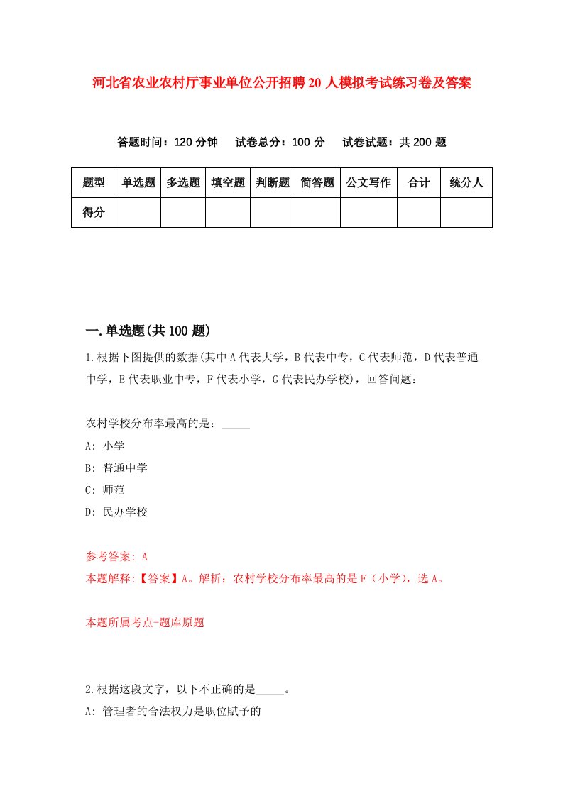 河北省农业农村厅事业单位公开招聘20人模拟考试练习卷及答案第7套