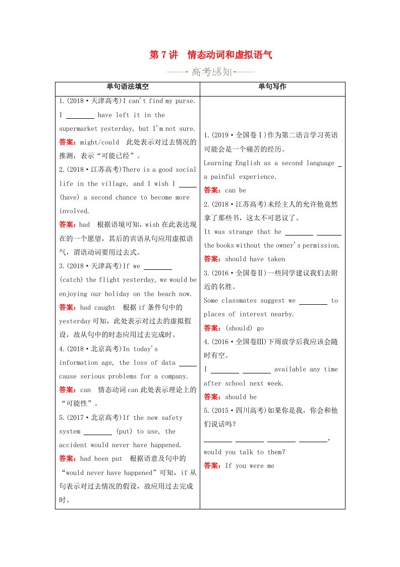 2021届高考英语一轮复习第二编专题一词法篇第7讲情态动词和虚拟语气学案含解析外研版