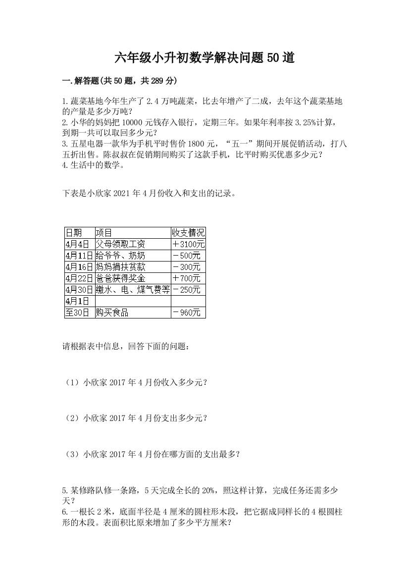 六年级小升初数学解决问题50道（巩固）