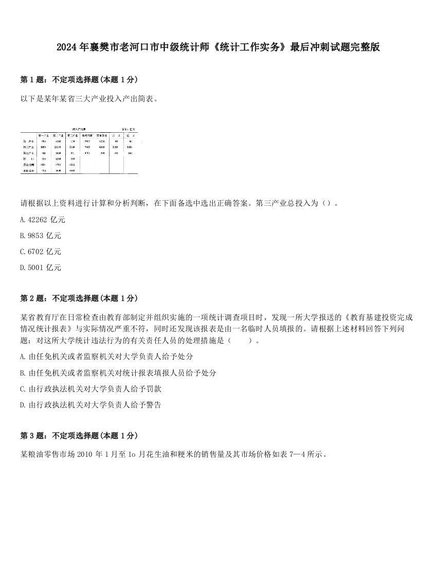 2024年襄樊市老河口市中级统计师《统计工作实务》最后冲刺试题完整版