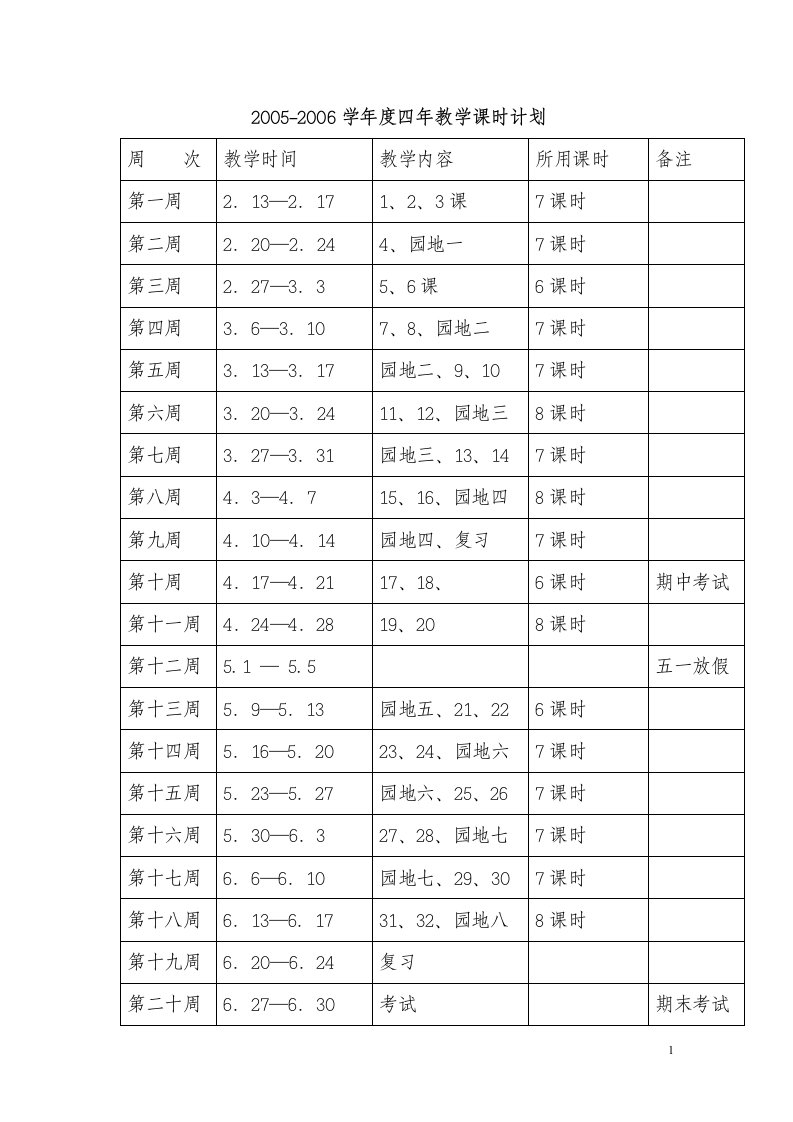 新课标人教版四年级下册语文教学计划