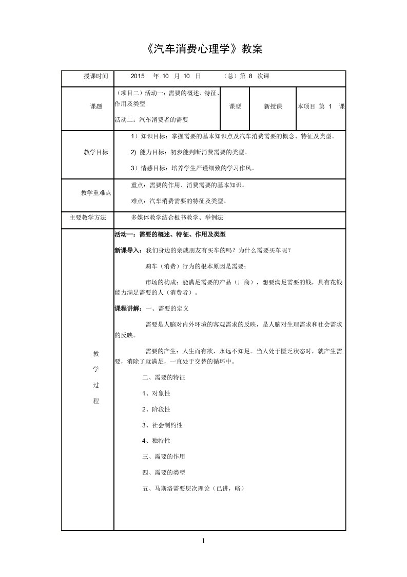 汽车消费心理学教案