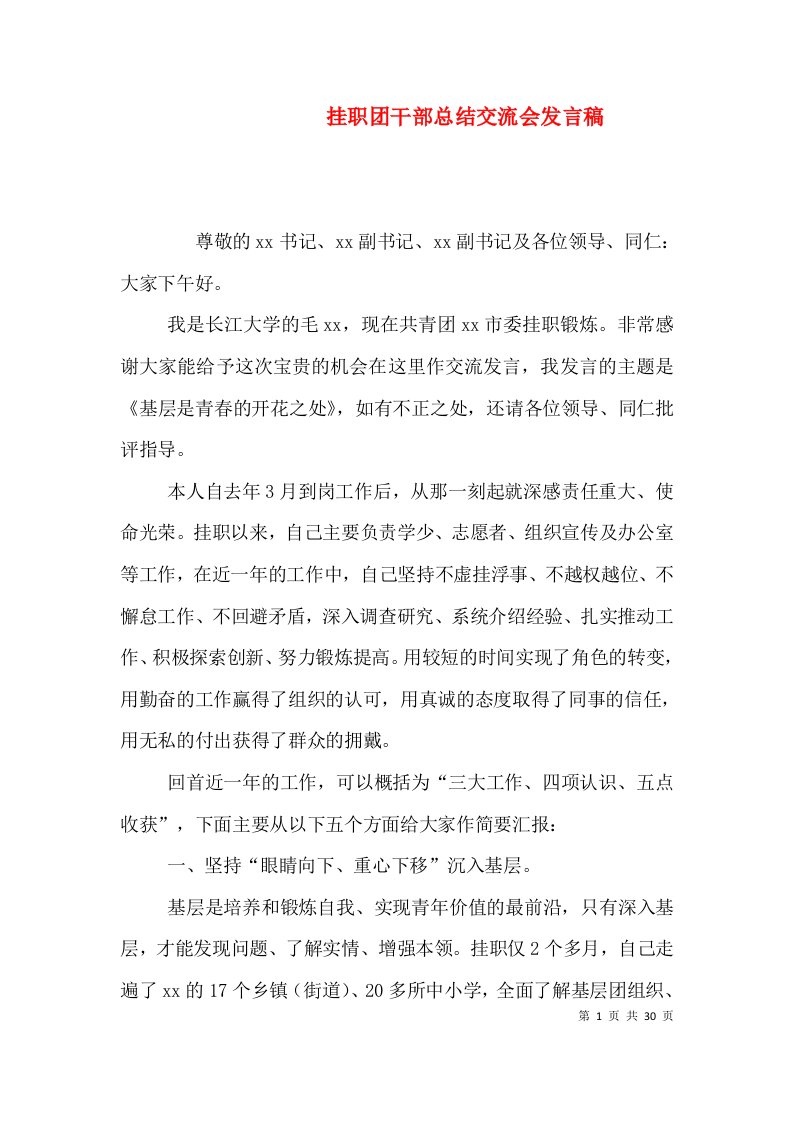 挂职团干部总结交流会发言稿