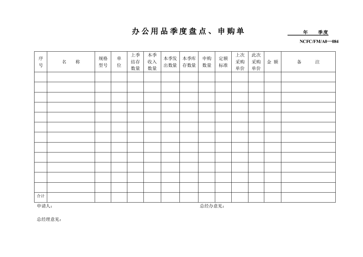 办公用品季度盘点、申购单