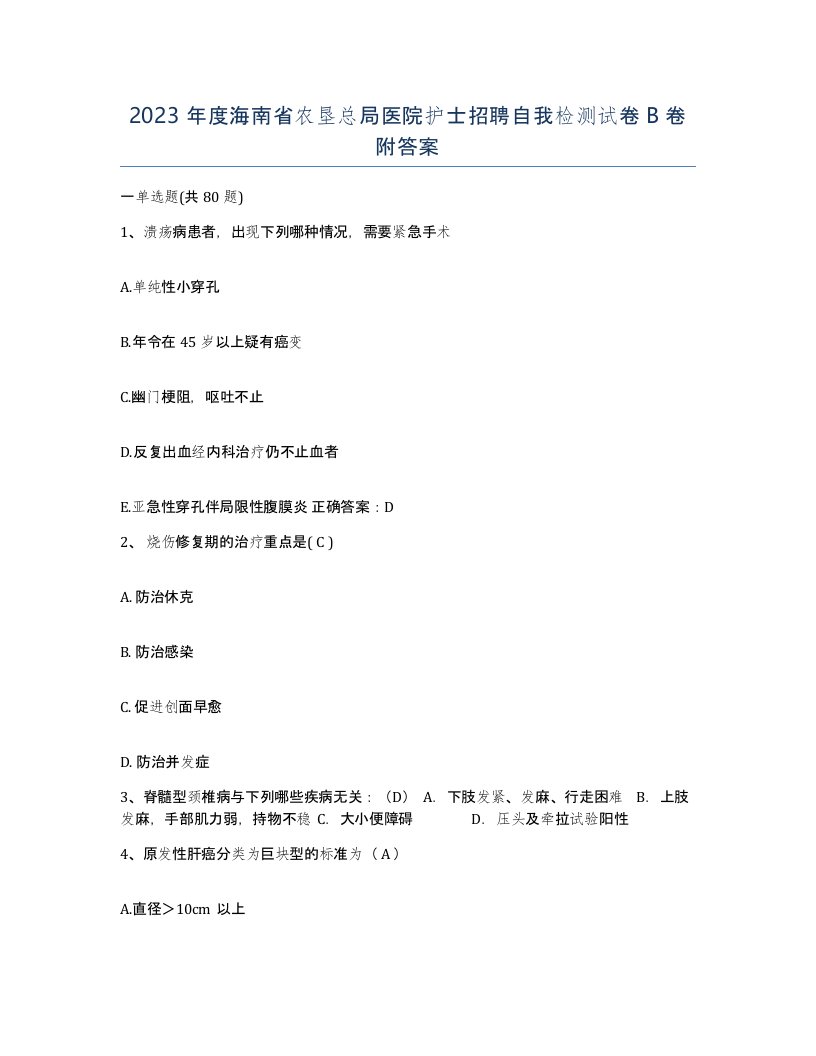 2023年度海南省农垦总局医院护士招聘自我检测试卷B卷附答案