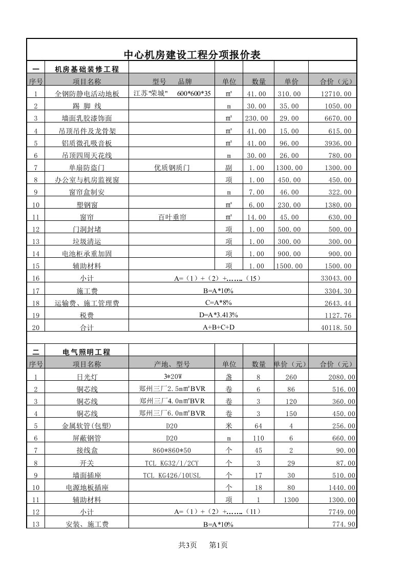 idc机房装修详细报价单