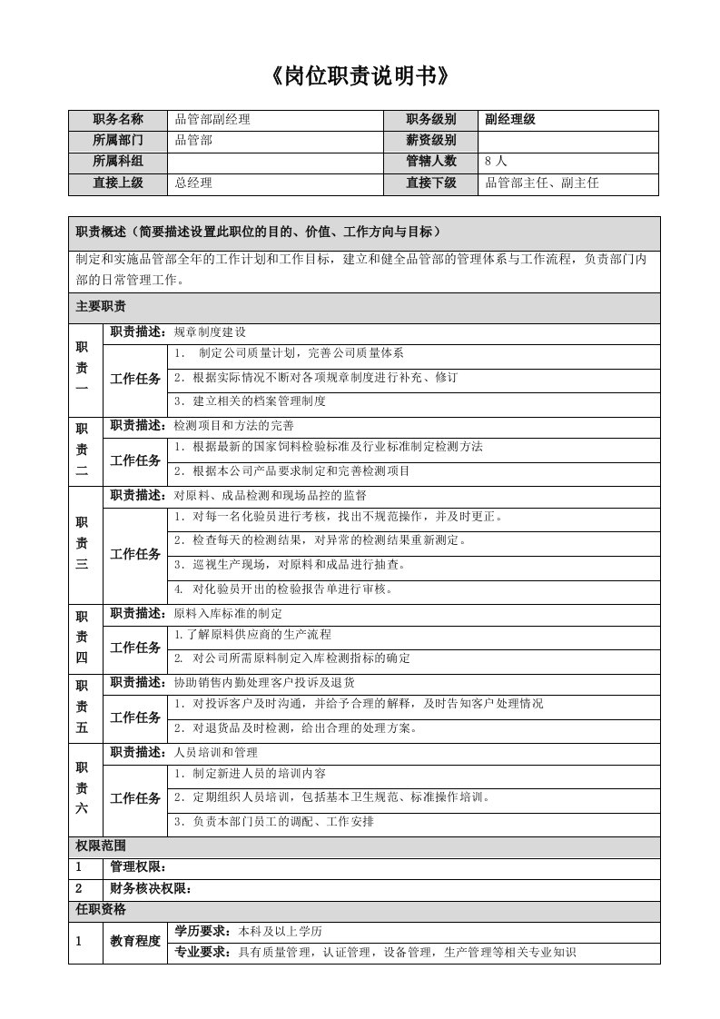 《岗位职责说明书》副经理