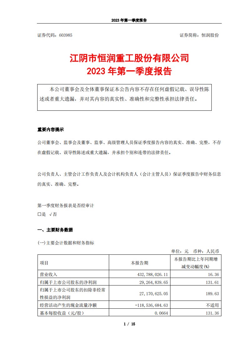 上交所-江阴市恒润重工股份有限公司2023年第一季度报告-20230424