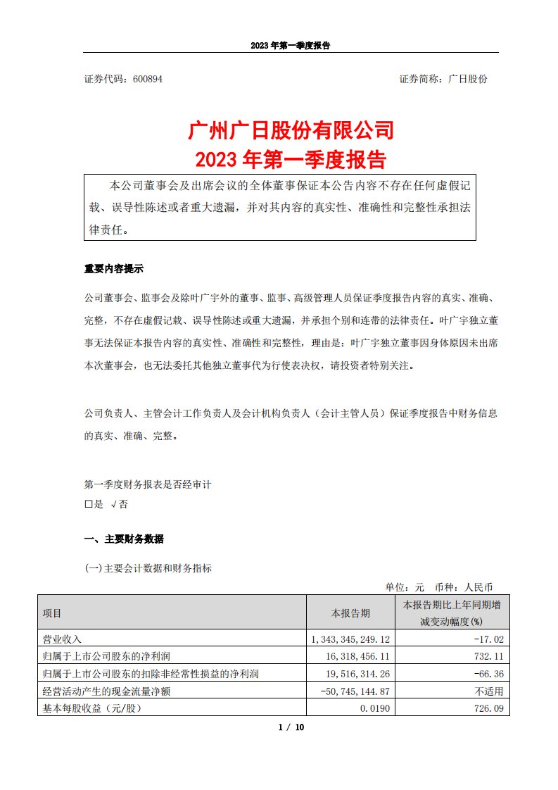 上交所-广州广日股份有限公司2023年第一季度报告-20230427