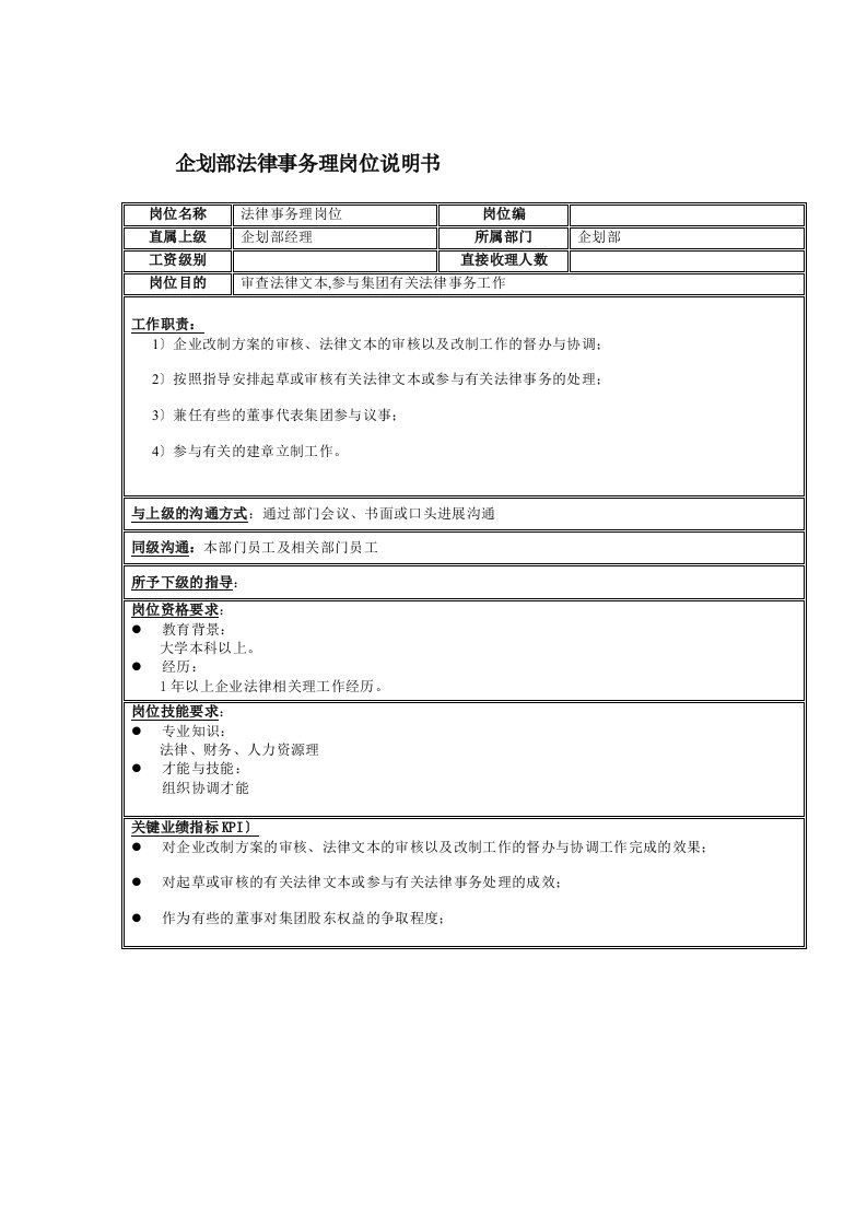 企划部法律事物管理岗位说明书