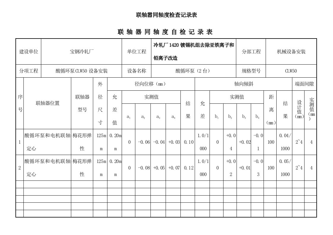 联轴嚣同轴度检查记录表