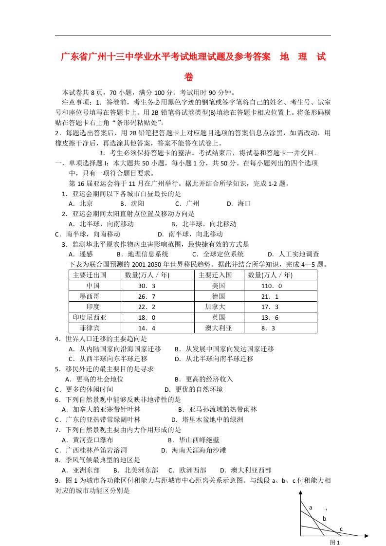 广东省广州市第十三中学高三地理学业水平考试试题