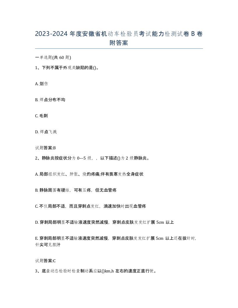 20232024年度安徽省机动车检验员考试能力检测试卷B卷附答案