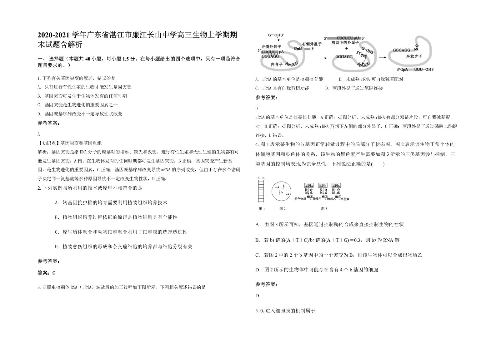 2020-2021学年广东省湛江市廉江长山中学高三生物上学期期末试题含解析