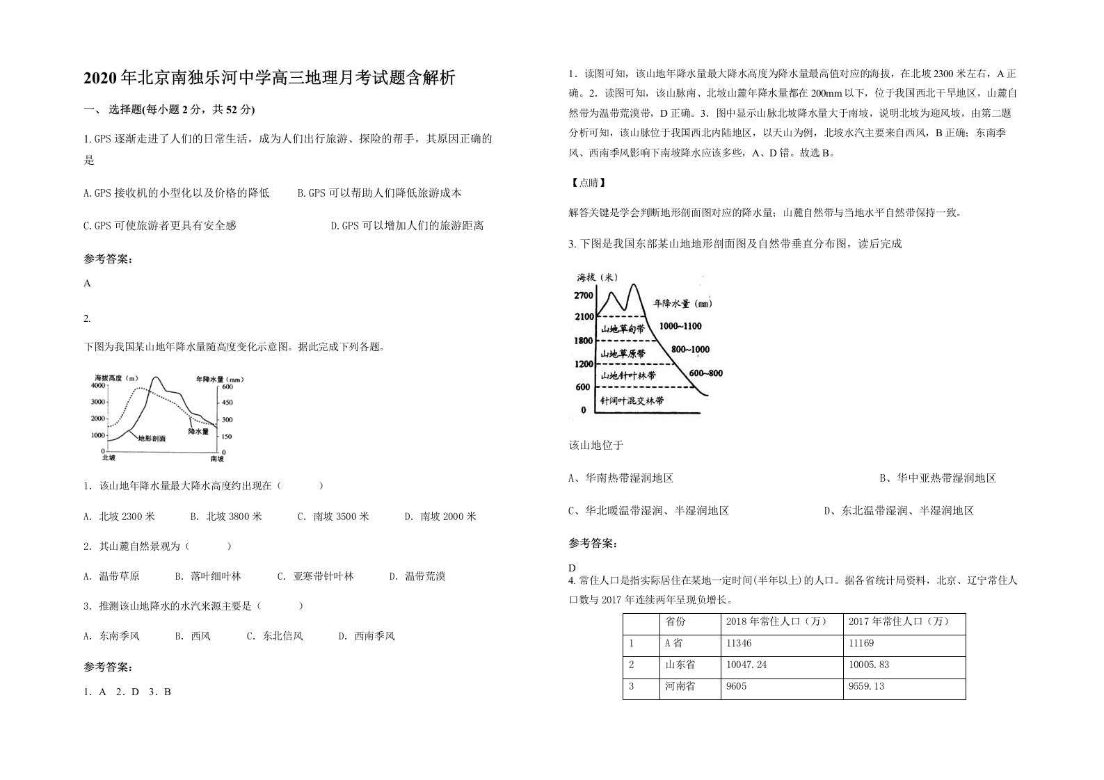 2020年北京南独乐河中学高三地理月考试题含解析