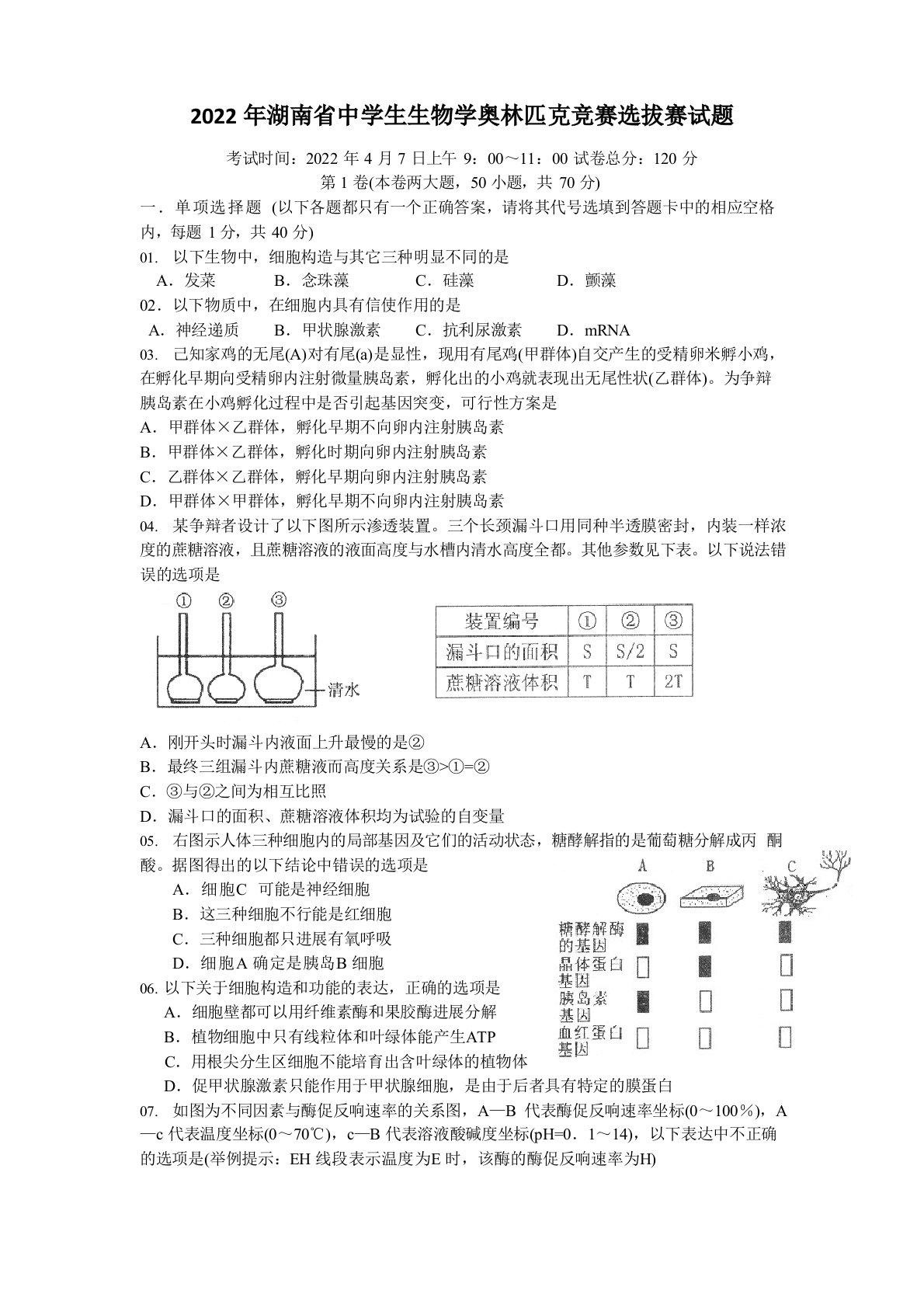 2022年湖南省中学生生物学奥林匹克竞赛选拔赛试题及答案