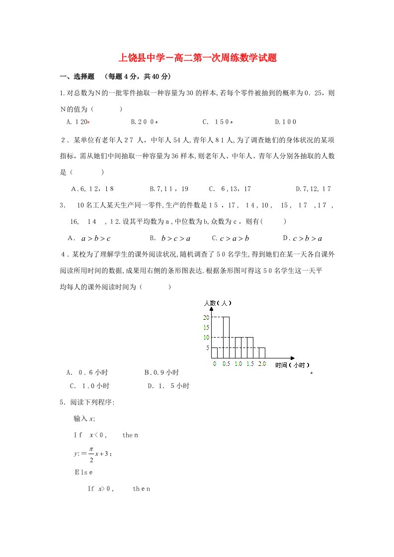 江西省上饶县中学高二数学第一次周练试题(重点班、潜能班、特长班)新人教A版