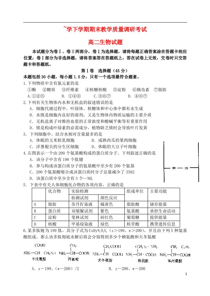 山东省临沂市某区高二生物下学期期末考试试题新人教版