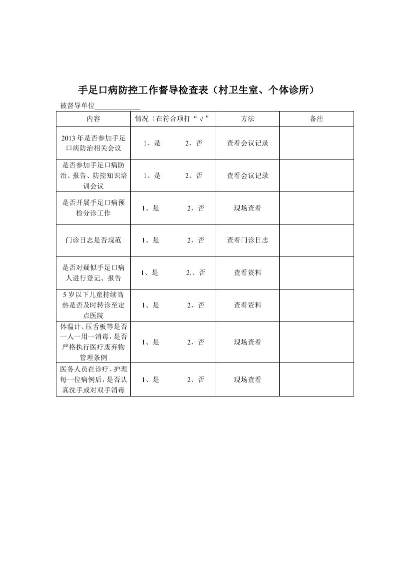 手足口病督导记录表(村卫生室)