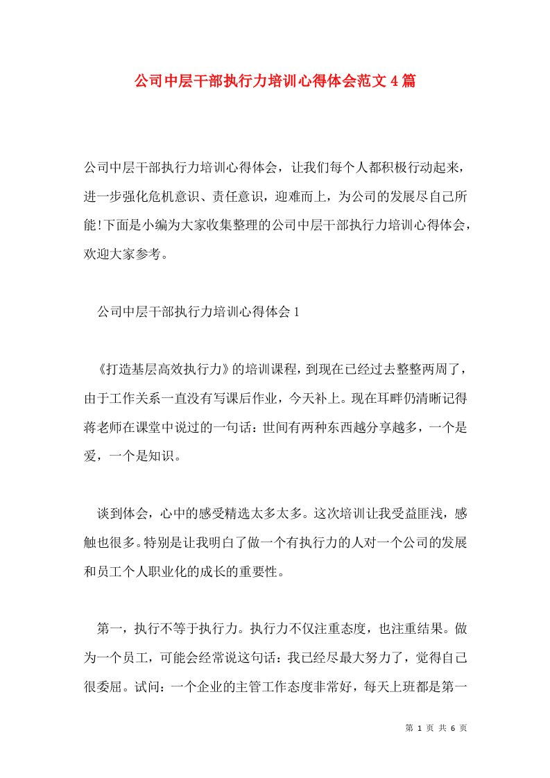 公司中层干部执行力培训心得体会范文4篇通用